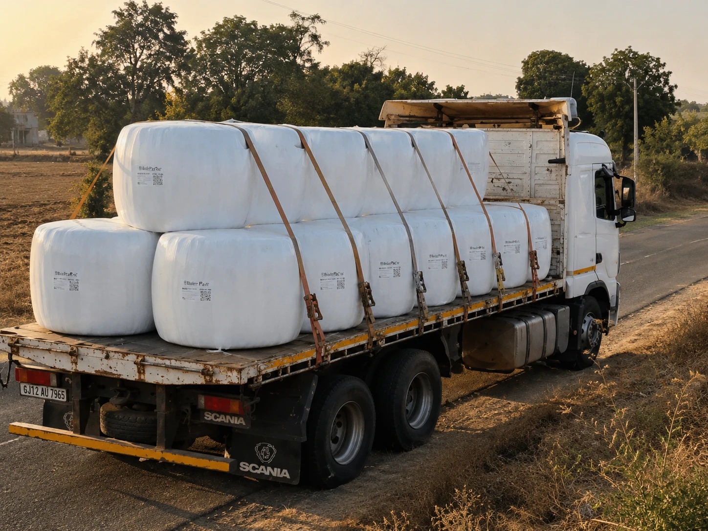 Truck carrying strapped, wrapped silage bales on a rural road in India: bale silage versus bunker silage storage
