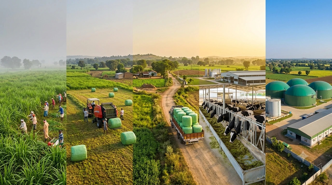 The full chain from harvest and silage baling, through transport and dairy feeding, to a Bio-CNG plant