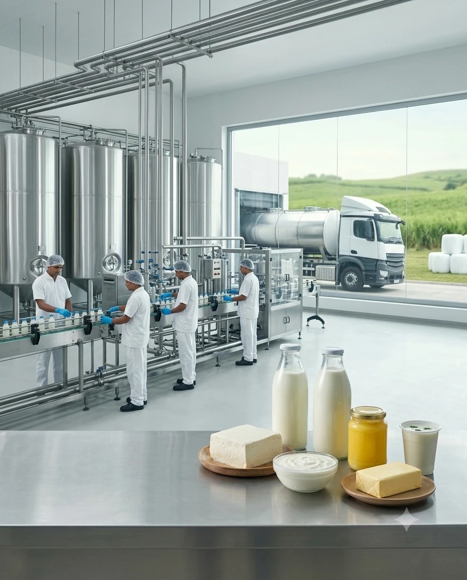 Workers bottling milk on a processing line inside a modern dairy plant, delivery truck visible outside