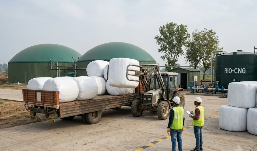 Workers unloading wrapped silage bales for CBG feedstock supply at a Bio-CNG biogas plant in India